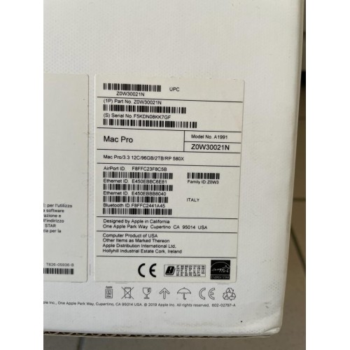 Apple Mac Pro 2019 Xeon W 3.3GHz 12 Core 96GB Ram 2TB Radeon Pro 580X 8GB A1991